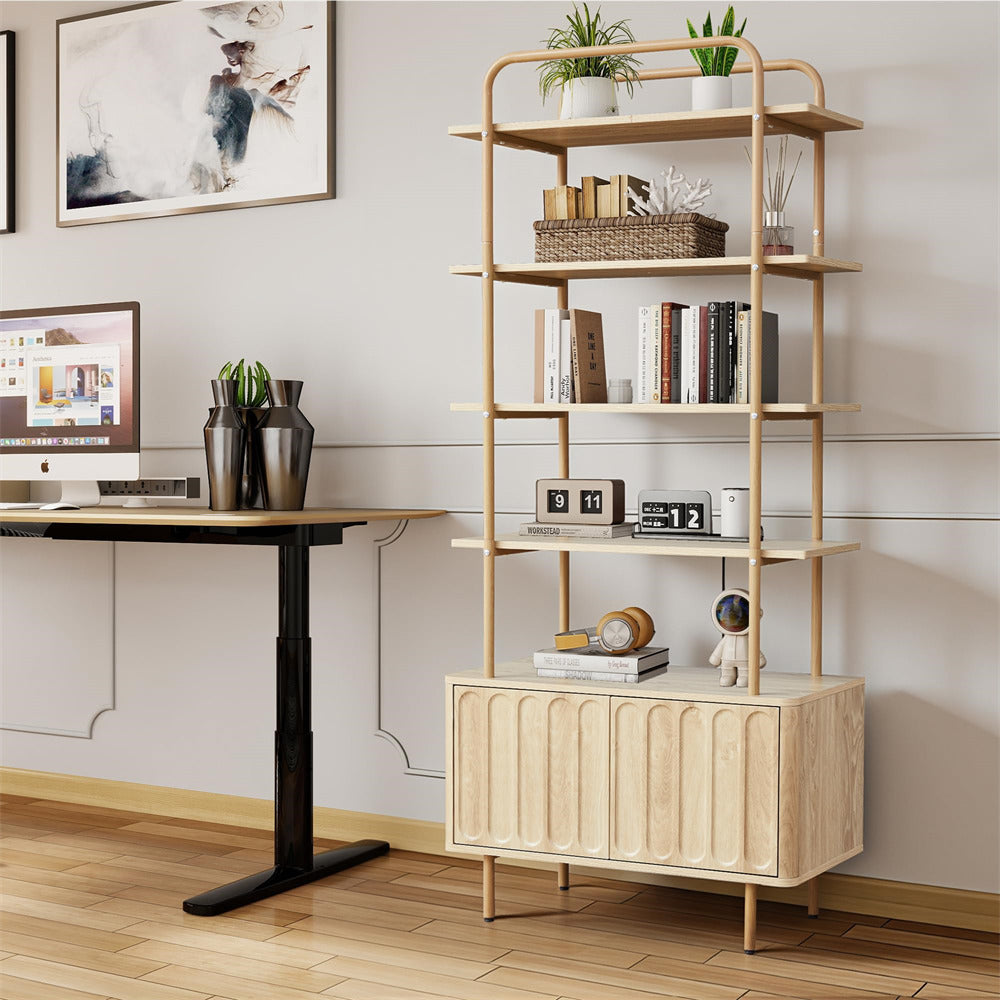Natural 71" Modern Metal 6-Tier Bookshelf Freestanding Storage Organizer with Open Shelves & Adjustable Footpad