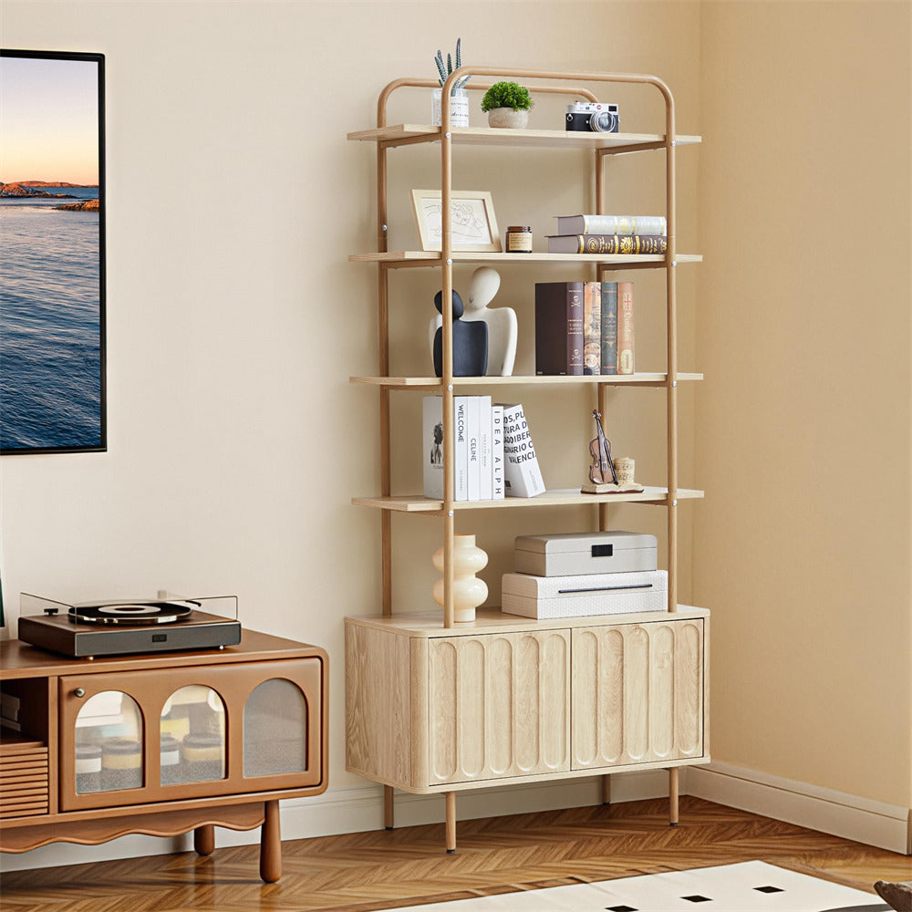 Natural 71" Modern Metal 6-Tier Bookshelf Freestanding Storage Organizer with Open Shelves & Adjustable Footpad