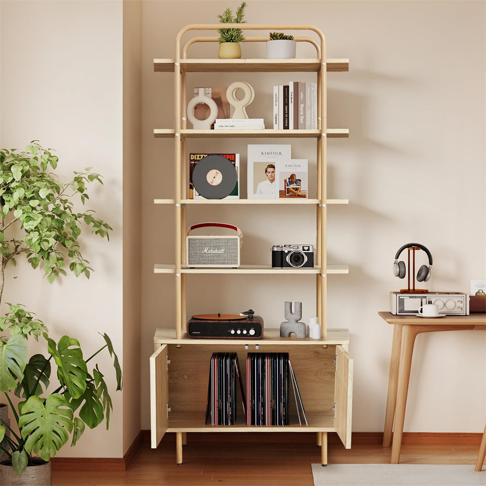 Natural 71" Modern Metal 6-Tier Bookshelf Freestanding Storage Organizer with Open Shelves & Adjustable Footpad