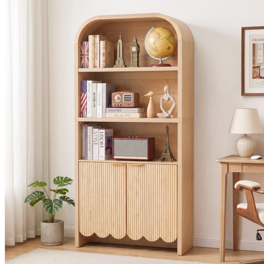 Natural 71" Tall Arched 5 Tier Fluted Freestanding Bookshelf with Scalloped Doors