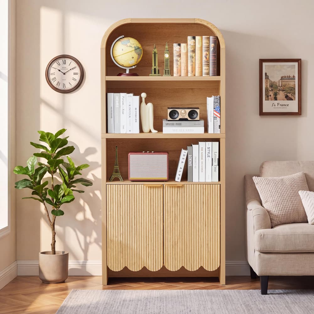 Natural 71" Tall Arched 5 Tier Fluted Freestanding Bookshelf with Scalloped Doors