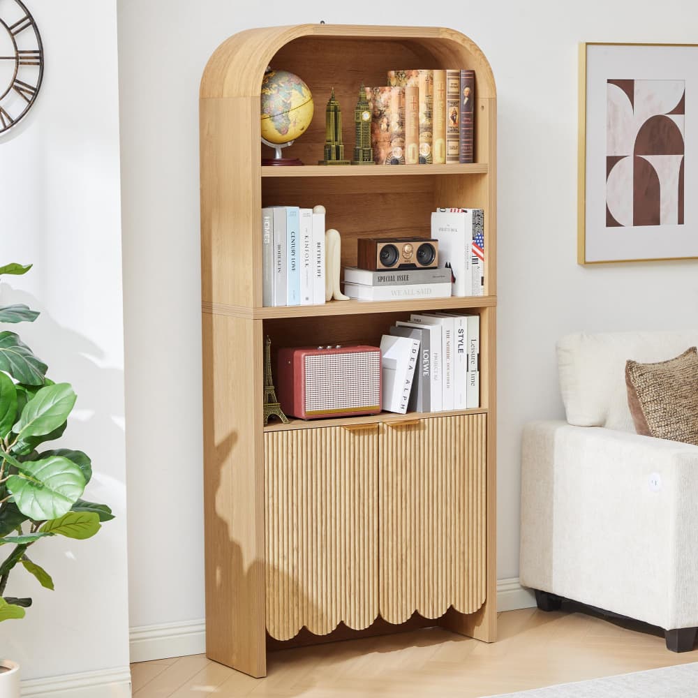 Natural 71" Tall Arched 5 Tier Fluted Freestanding Bookshelf with Scalloped Doors