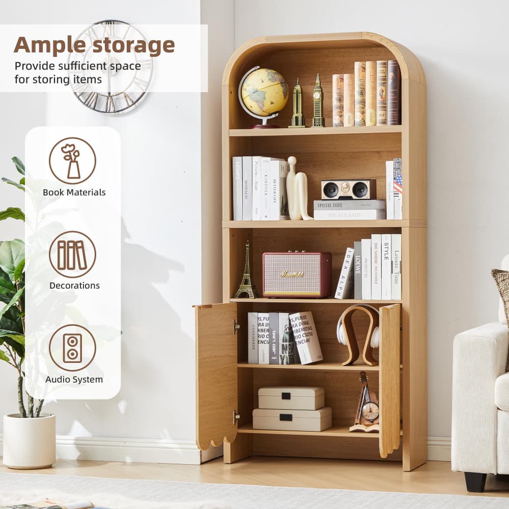 Natural 71" Tall Arched 5 Tier Fluted Freestanding Bookshelf with Scalloped Doors