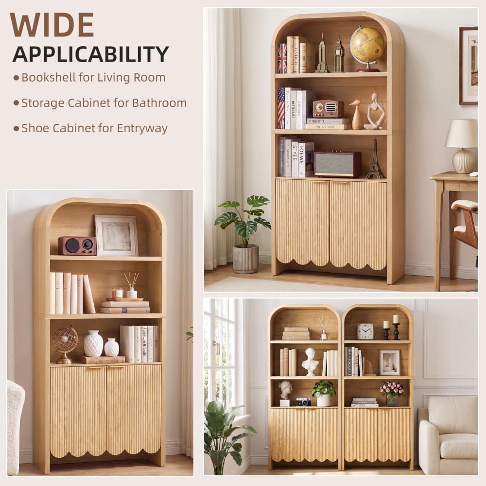 Natural 71" Tall Arched 5 Tier Fluted Freestanding Bookshelf with Scalloped Doors