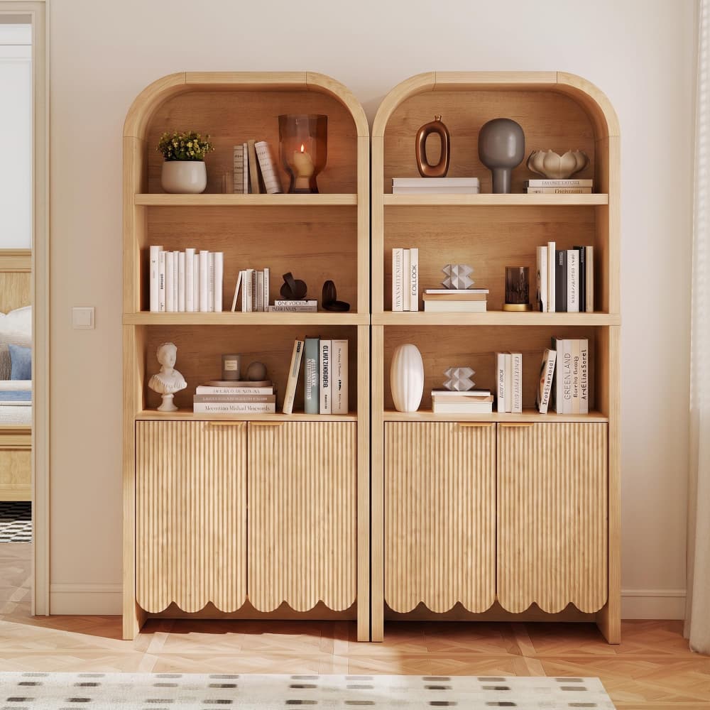 Natural 71" Tall Arched 5 Tier Fluted Freestanding Bookshelf with Scalloped Doors