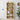 Wooden bookshelf with decorative items against a white tiled wall.