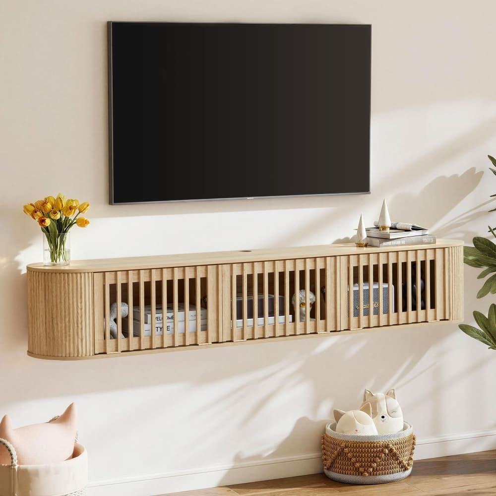 Natural 71''Fluted Floating TV Stand Wall Mounted Convertible Entertainment Center for 65-80 Inch