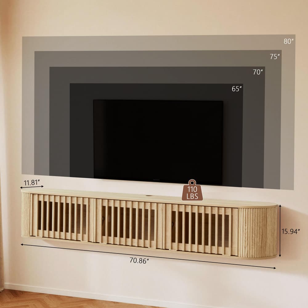 Natural 71''Fluted Floating TV Stand Wall Mounted Convertible Entertainment Center for 65-80 Inch