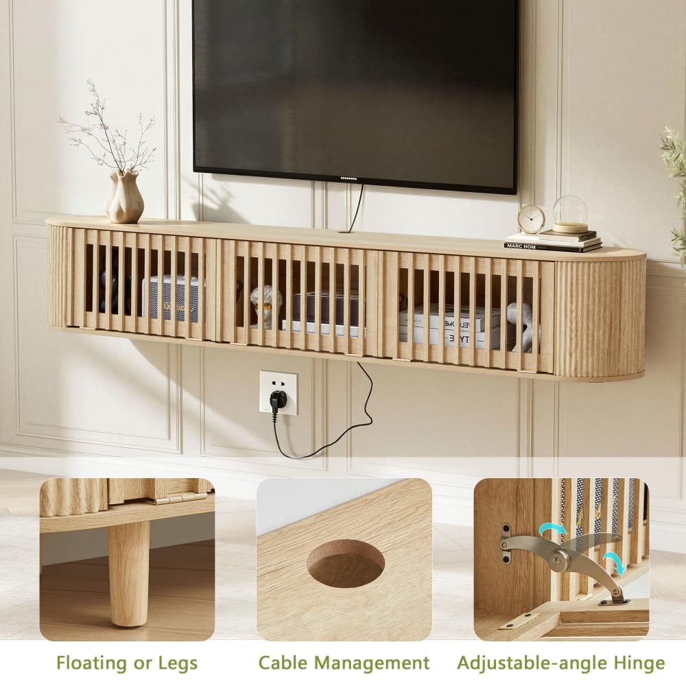 Light natural wood floating TV stand with vertical slat front and cable management, shown mounted under a wall outlet with a TV above. Three inset detail photos at the bottom highlight floating/leg options, cable management, and adjustable-angle hinge.