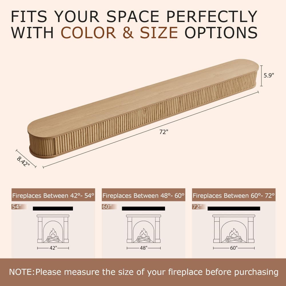 Natural 72" Fluted Wood Wall Mounted Fireplace Mantel Shelf Floating Shelves