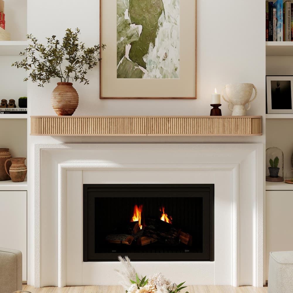 Natural 72" Fluted Wood Wall Mounted Fireplace Mantel Shelf Floating Shelves