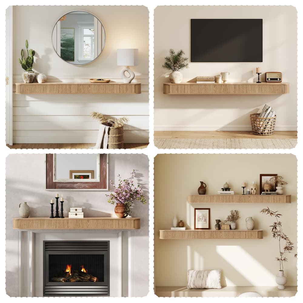 Natural 72" Fluted Wood Wall Mounted Fireplace Mantel Shelf Floating Shelves