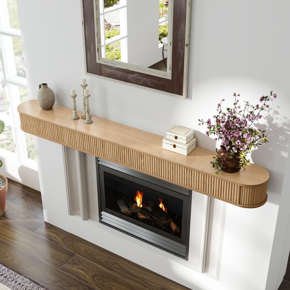 Natural 72" Fluted Wood Wall Mounted Fireplace Mantel Shelf Floating Shelves