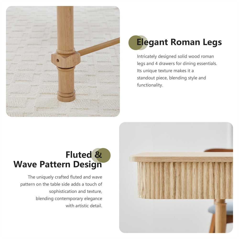 Natural 78 Inch Fluted Rectangular Kitchen Dining Table with Drawers for 6 8 10