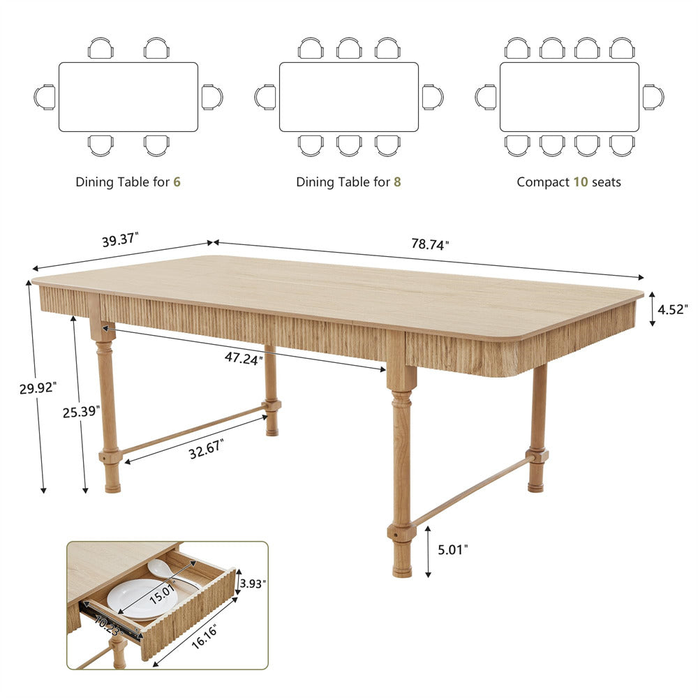 Natural 78 Inch Fluted Rectangular Kitchen Dining Table with Drawers for 6 8 10
