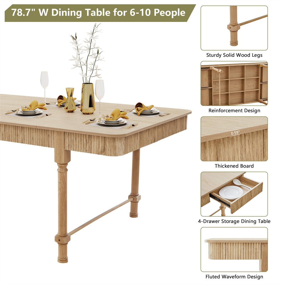 Natural 78 Inch Fluted Rectangular Kitchen Dining Table with Drawers for 6 8 10
