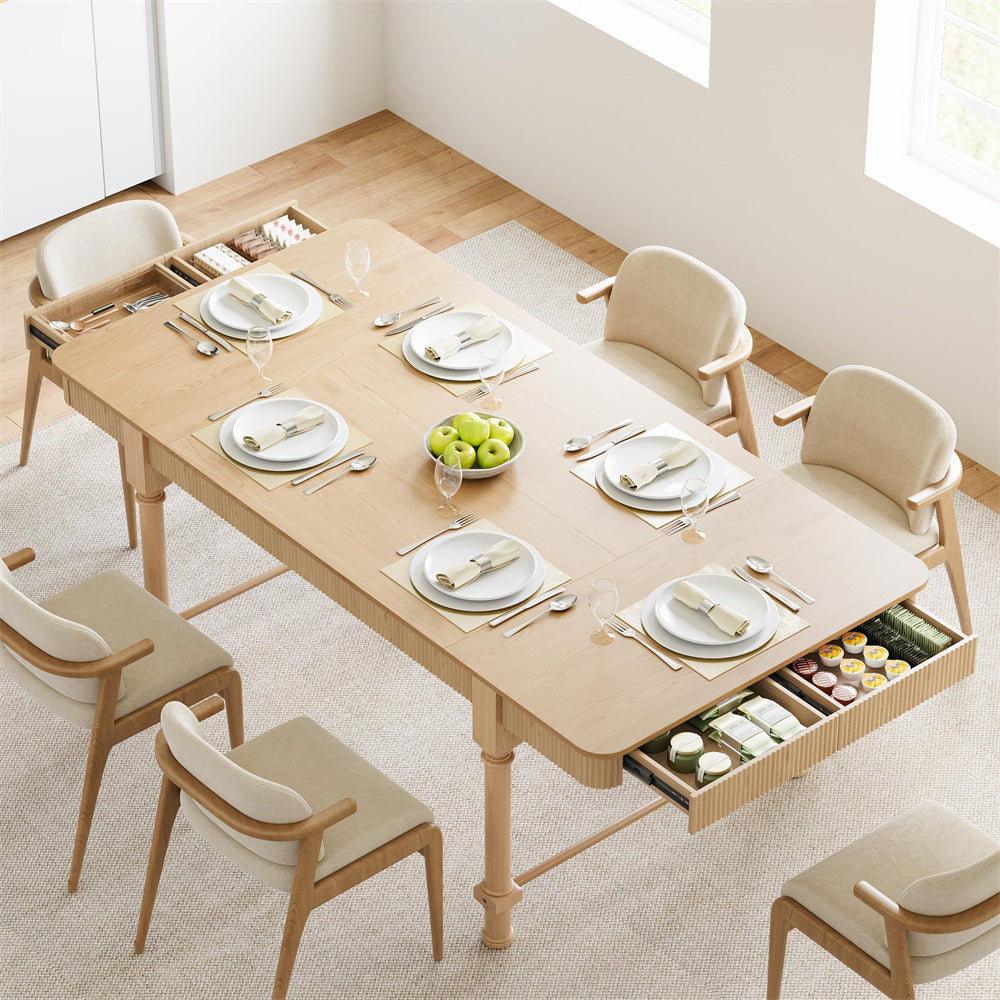 Natural 78 Inch Fluted Rectangular Kitchen Dining Table with Drawers for 6 8 10