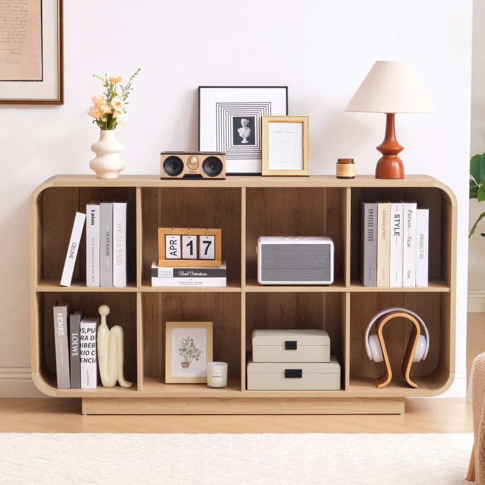 Natural 8 Cube 2-Tier Wooden Bookcase Floor Standing Storage Shelf with Rounded Corners and Anti-Tip Kit