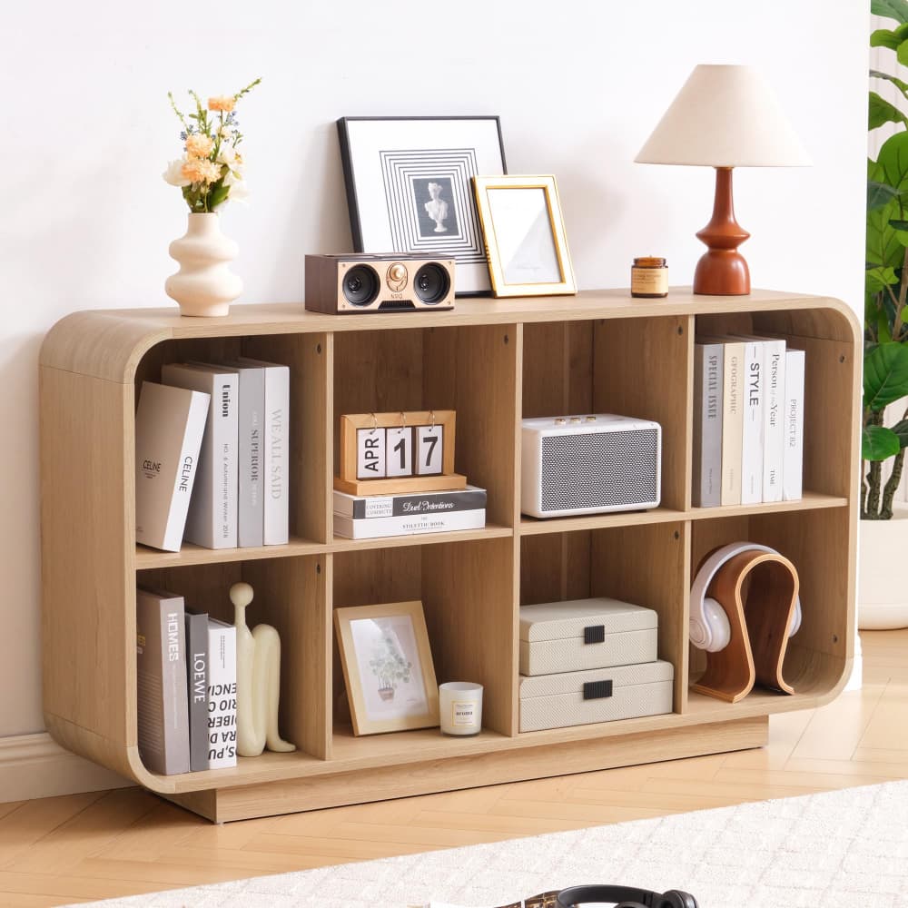 Natural 8 Cube 2-Tier Wooden Bookcase Floor Standing Storage Shelf with Rounded Corners and Anti-Tip Kit