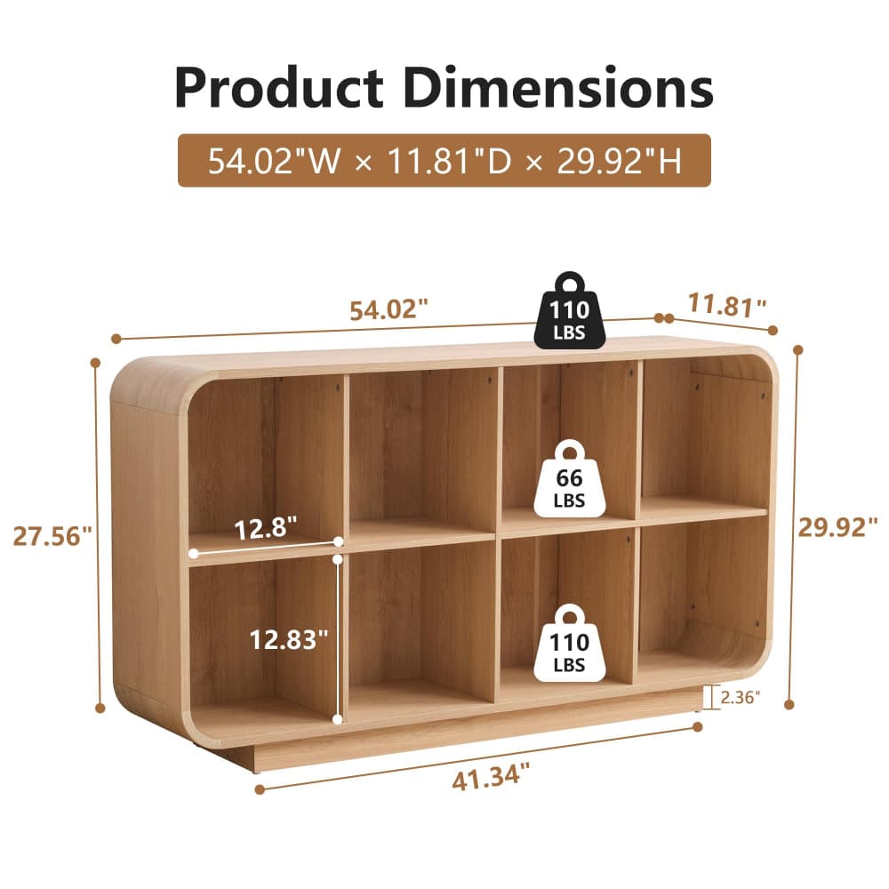 Product dimensions diagram of a light brown wooden 3-compartment open shelf with overlaid weight labels and measurement lines on a white background.