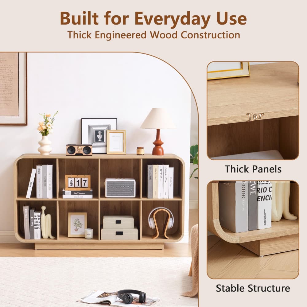 Natural 8 Cube 2-Tier Wooden Bookcase Floor Standing Storage Shelf with Rounded Corners and Anti-Tip Kit