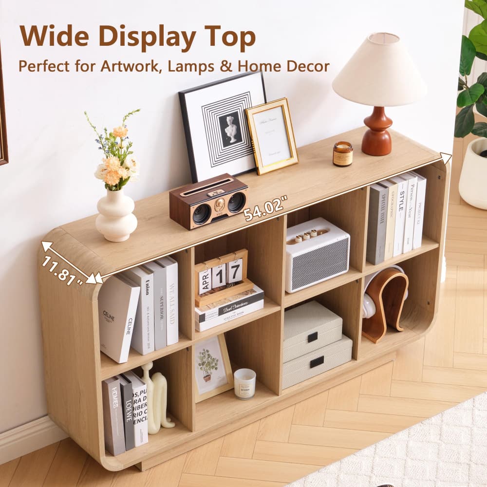 Natural 8 Cube 2-Tier Wooden Bookcase Floor Standing Storage Shelf with Rounded Corners and Anti-Tip Kit