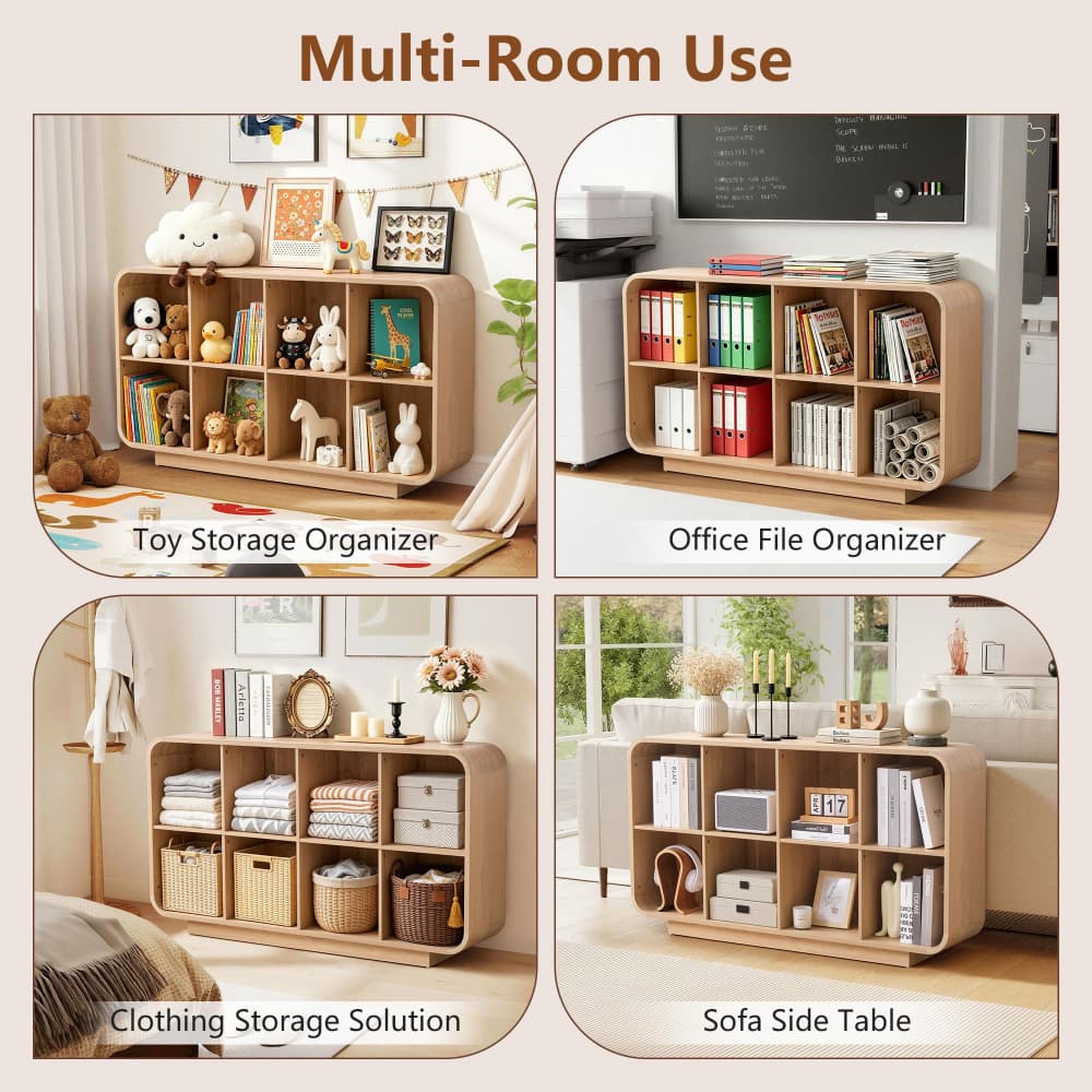 Natural 8 Cube 2-Tier Wooden Bookcase Floor Standing Storage Shelf with Rounded Corners and Anti-Tip Kit