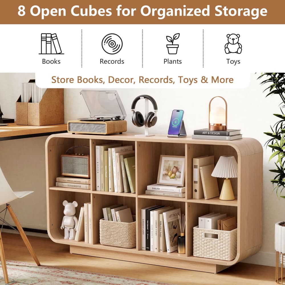 Natural 8 Cube 2-Tier Wooden Bookcase Floor Standing Storage Shelf with Rounded Corners and Anti-Tip Kit