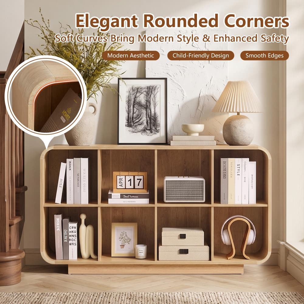 Natural 8 Cube 2-Tier Wooden Bookcase Floor Standing Storage Shelf with Rounded Corners and Anti-Tip Kit