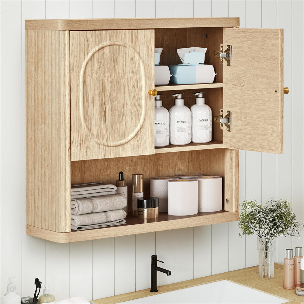 Wooden cabinet with open doors displaying bathroom items against a white wall.