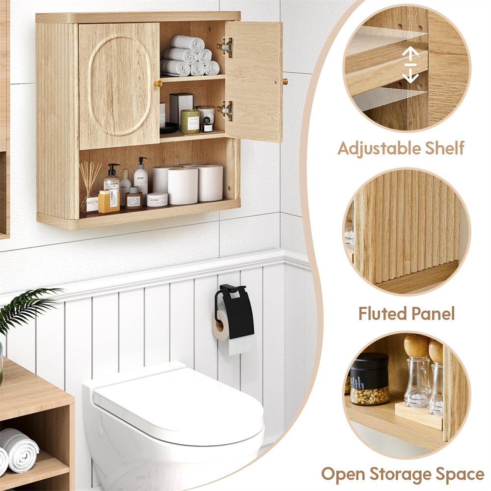 Wooden bathroom cabinet with adjustable shelf, fluted panel, and open storage space.