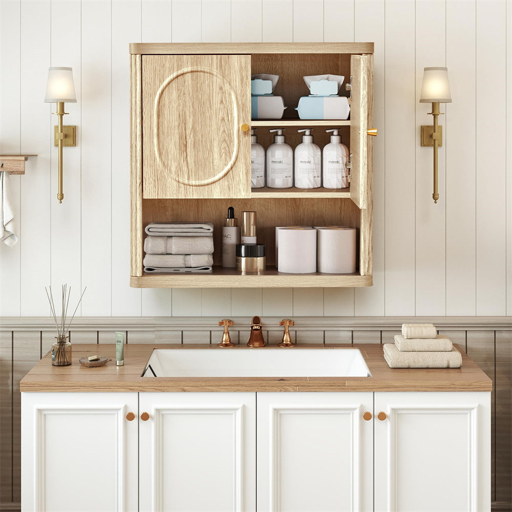 Natural Bathroom Hanging Wood Fluted Storage Cabinet with Adjustable Shelf
