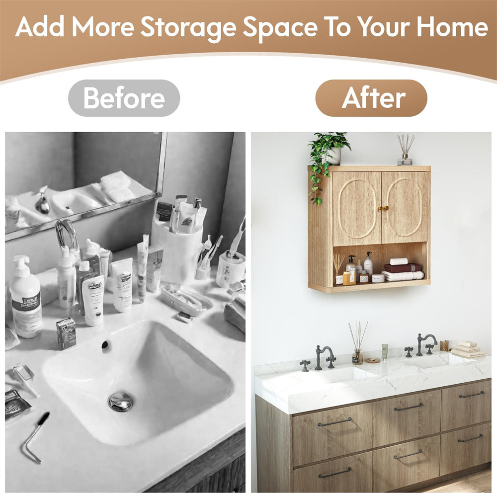 Bathroom transformation before and after with added storage space.