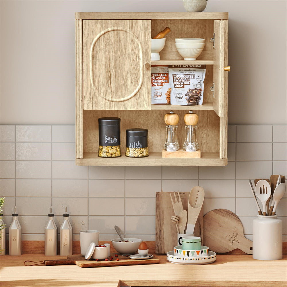 Wooden kitchen cabinet with shelves, kitchen utensils, and ingredients on a tiled wall background.