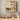 Wooden kitchen cabinet with shelves, kitchen utensils, and ingredients on a tiled wall background.