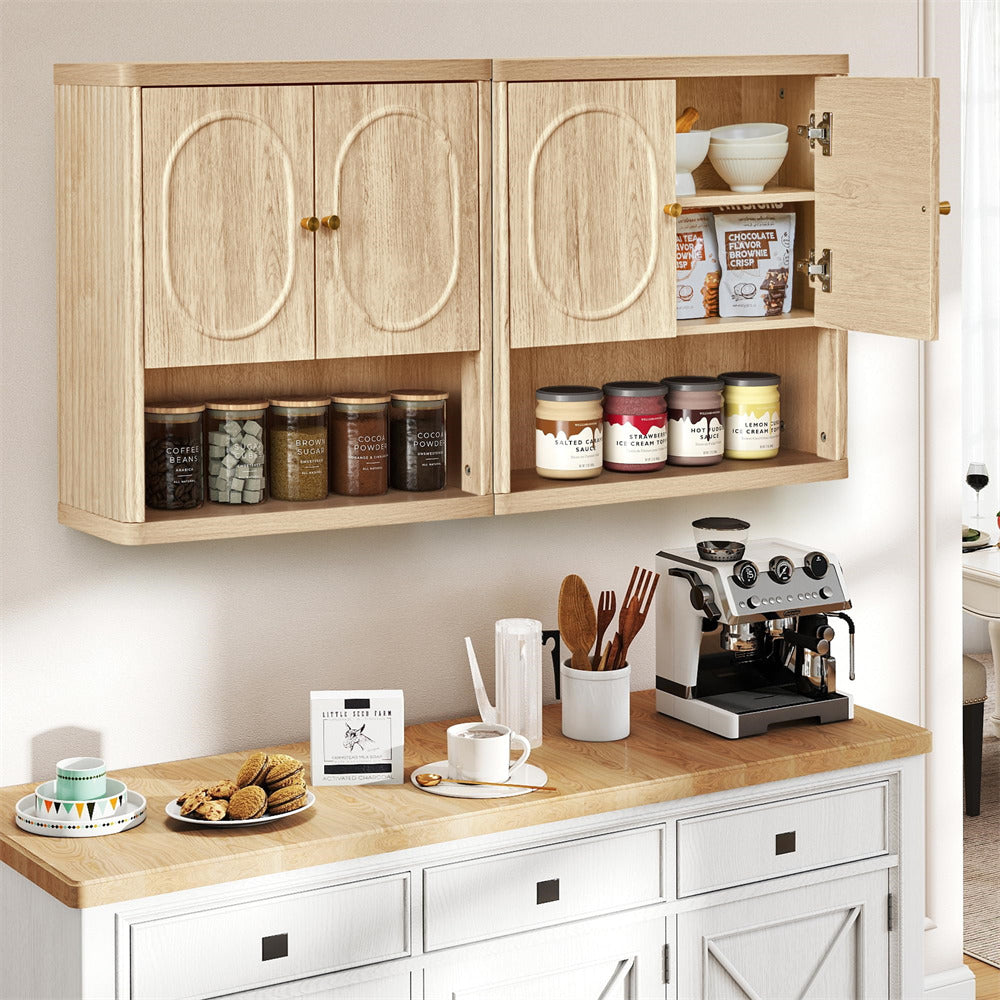Wooden kitchen cabinet with open doors displaying coffee beans and a countertop with kitchen items.