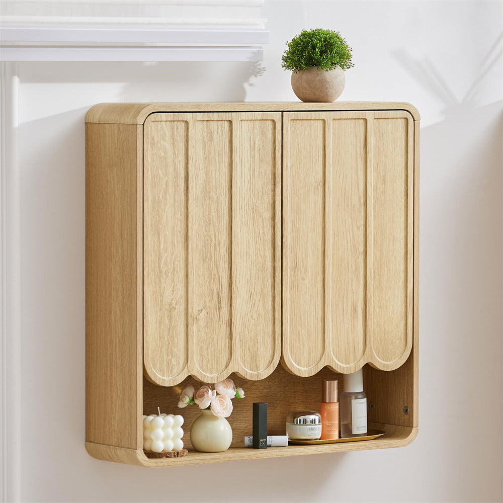 Wooden wall-mounted cabinet with decorative items on a white wall