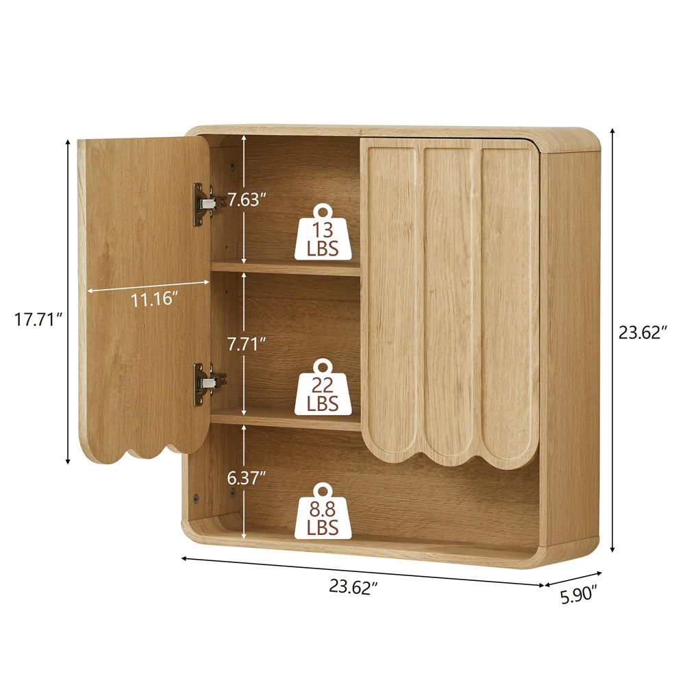 Wooden cabinet with dimensions and weight indicators on a white background