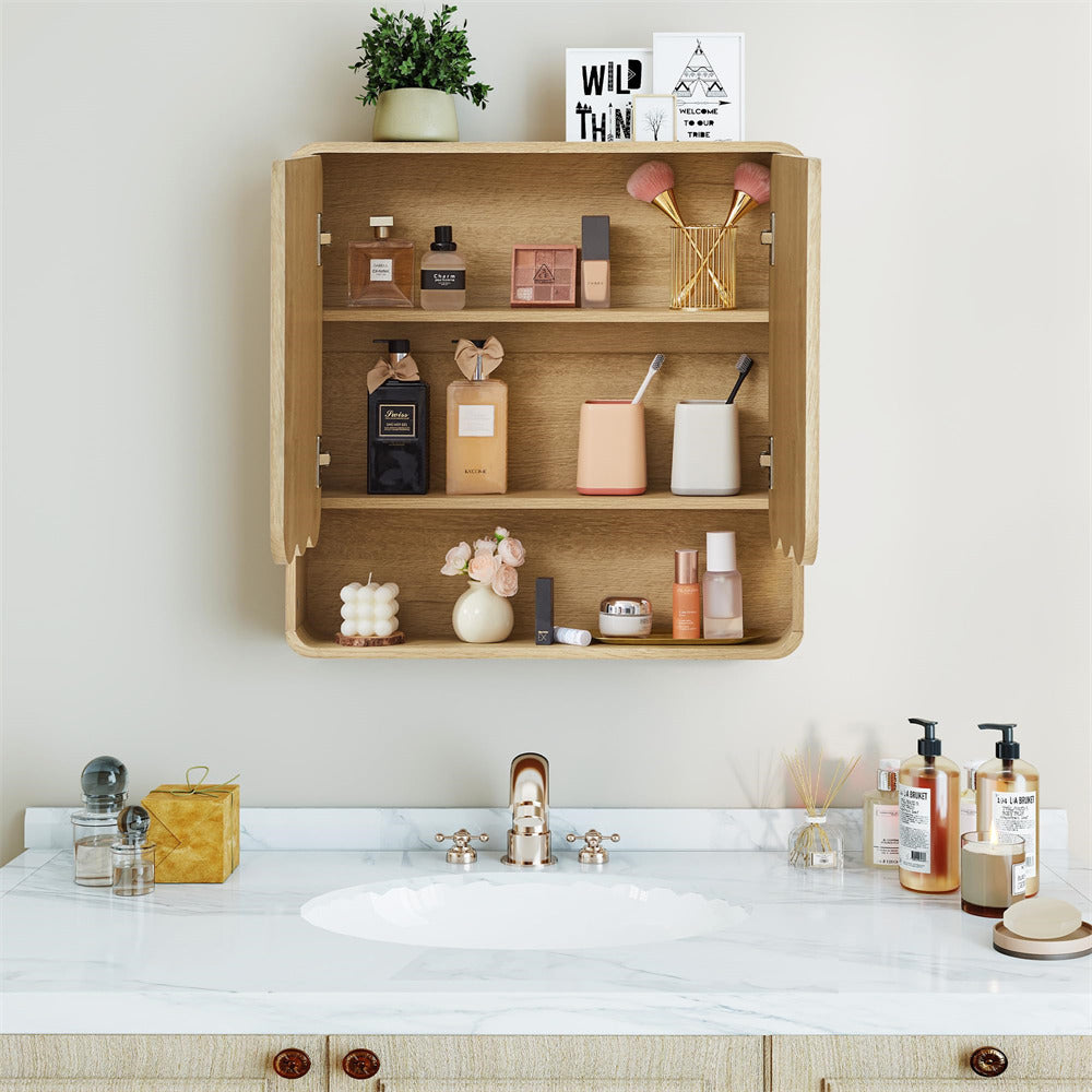 Bathroom vanity with wooden shelf, sink, and various toiletries.