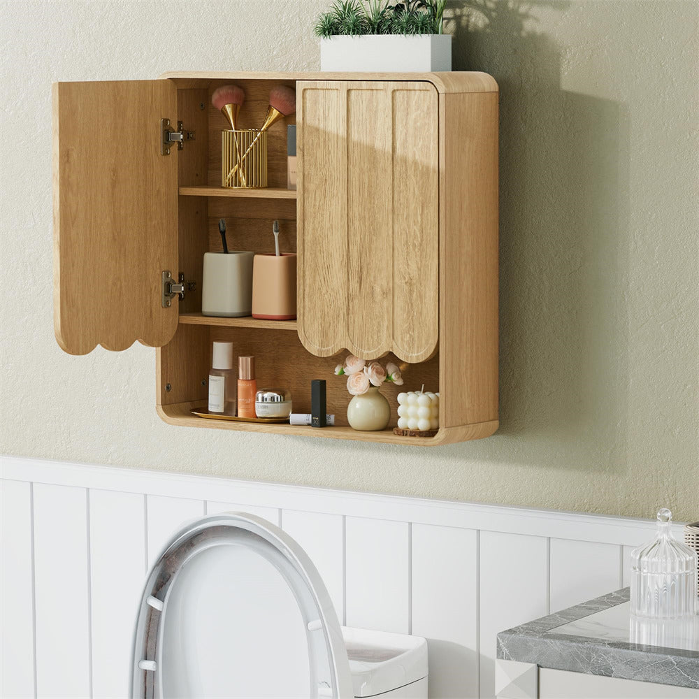 Wooden wall-mounted cabinet with decorative items in a bathroom setting
