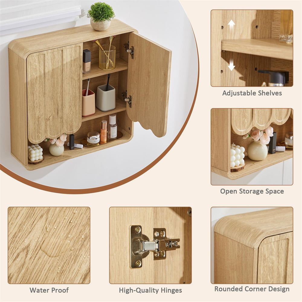 Wooden wall-mounted cabinet with open doors showing storage space, adjustable shelves, high-quality hinges, water-proof feature, and rounded corner design.