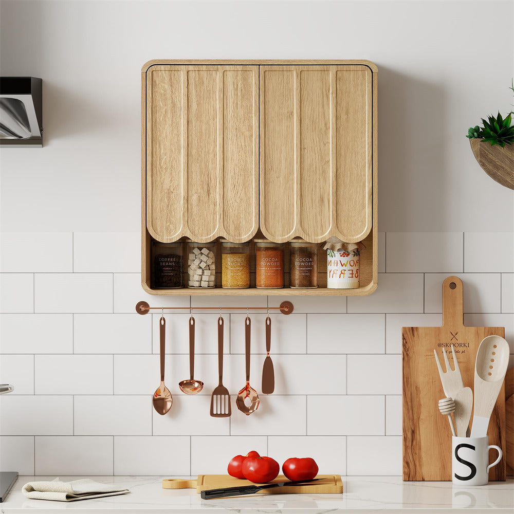 Wooden wall-mounted organizer with kitchen utensils and supplies on a tiled kitchen wall.