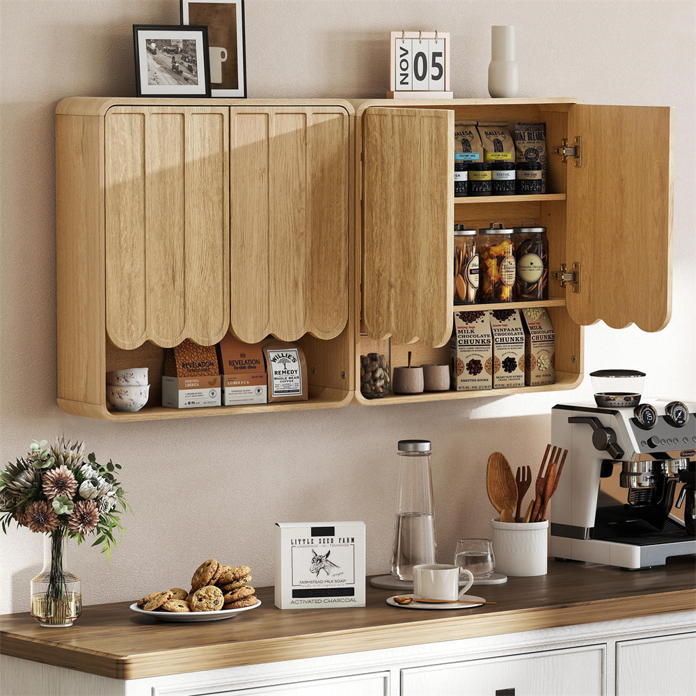 Wooden wall-mounted cabinet with coffee beans and a coffee machine on a kitchen counter.