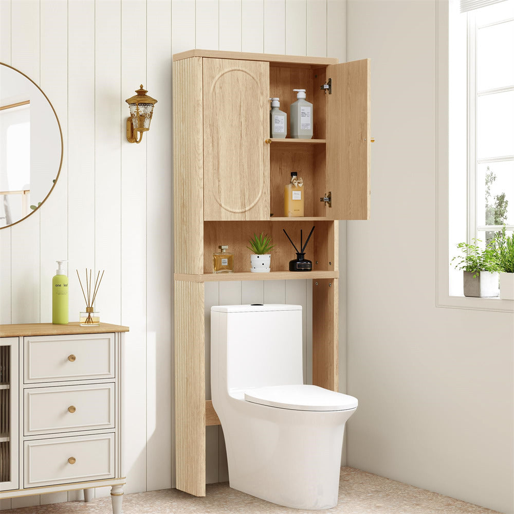 Bathroom with a wooden cabinet above a toilet, containing various items.