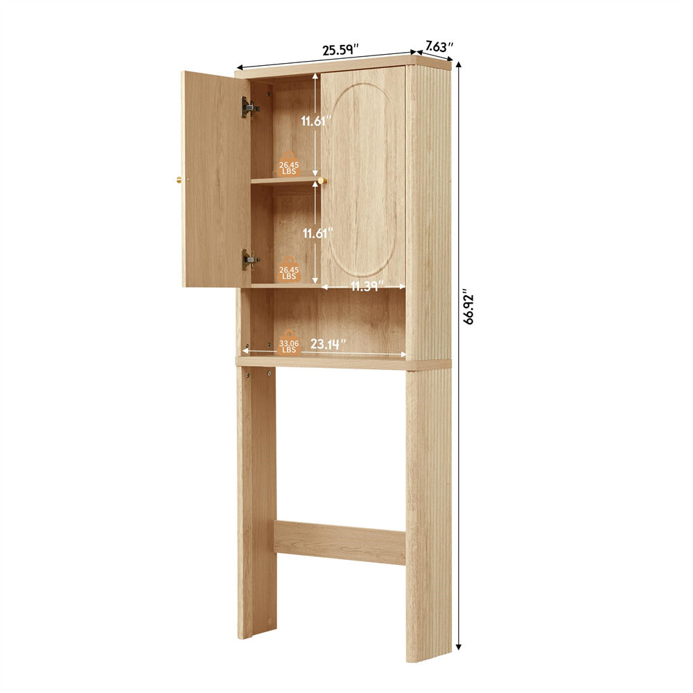 Wooden cabinet with open door showing dimensions on a white background