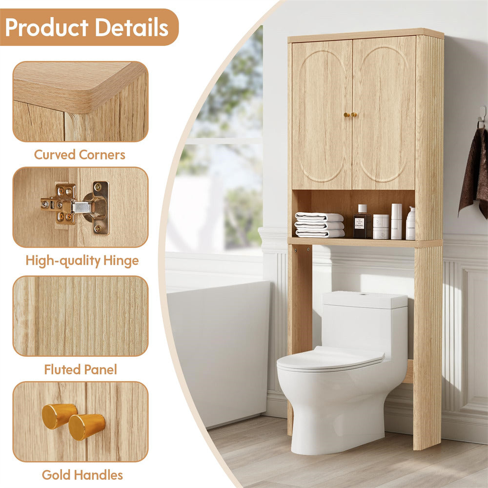 Natural Bathroom Wood Curved Fluted Toilet Storage Cabinet with Door