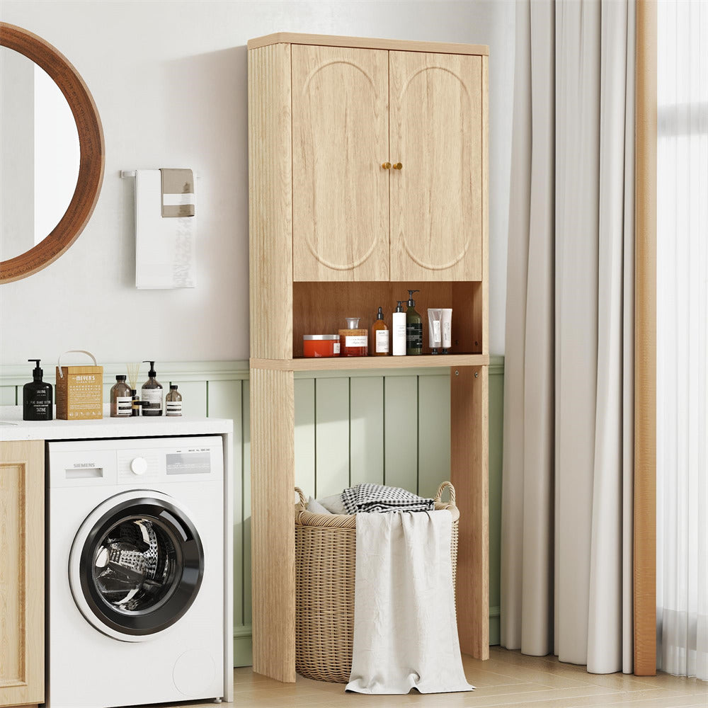 Wooden cabinet in a laundry room with washing machine and basket.
