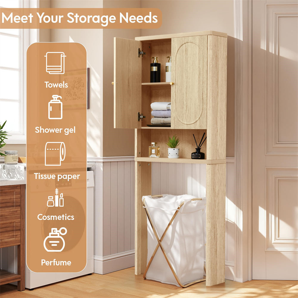 Bathroom storage cabinet with shelves and a laundry basket, featuring icons and text on the side.