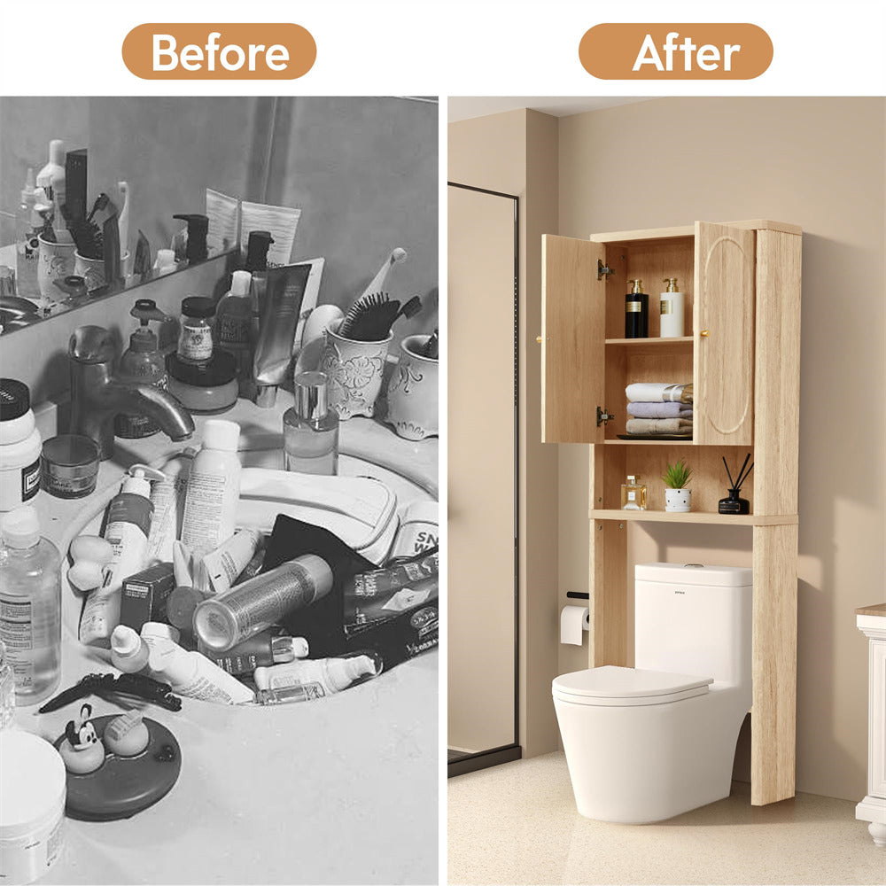 Before and after comparison of a bathroom setup with a cluttered counter and a neatly organized cabinet.