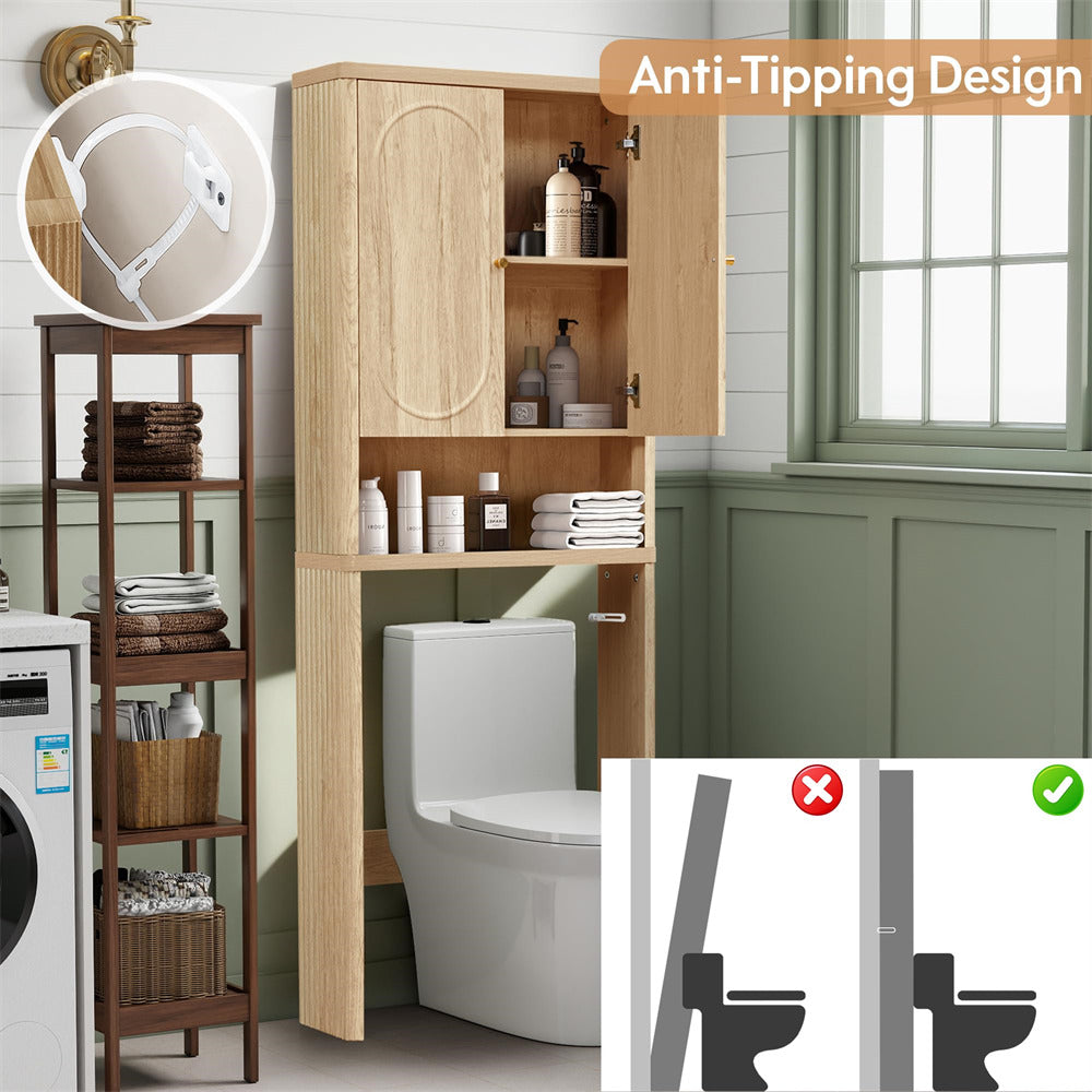 Bathroom setup with wooden storage cabinet, shelves, and washing machine against a light green wall.